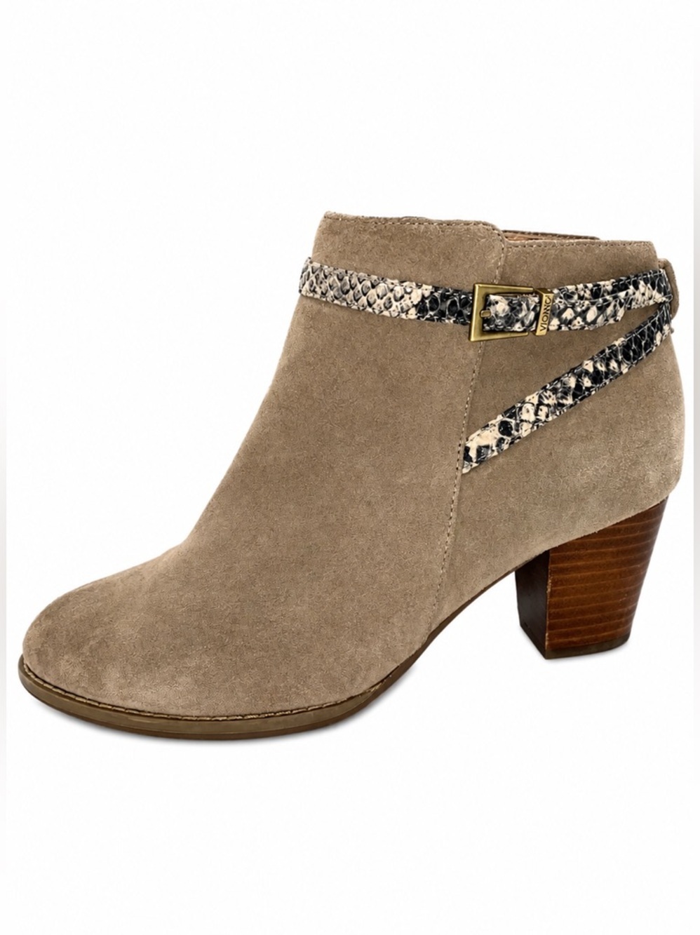 Vionic Upton Tan Suede Zip Ankle Boots Sz 8.5 Snakeskin Buckle Strap 3” Heel